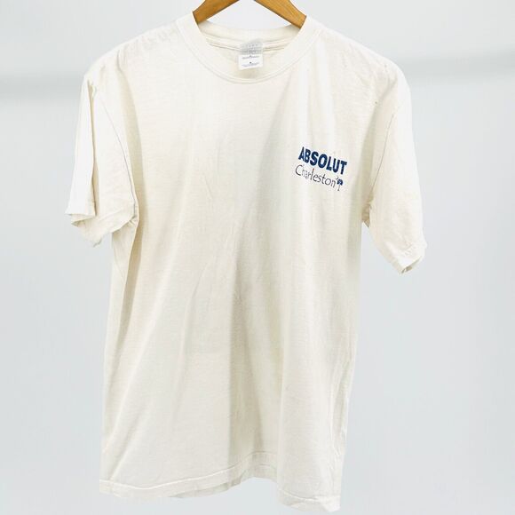 Vintage 90s Absolut Charleston Cream Blue Graphic 100% CottonT-Shirt - Picture 5 of 10